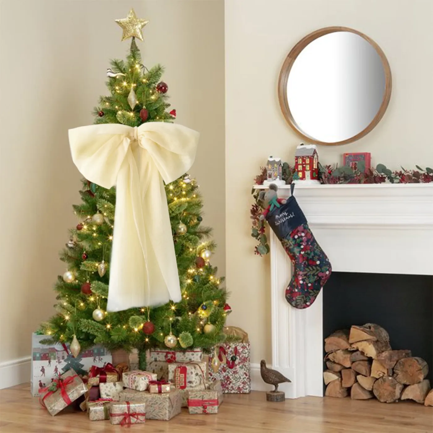 Christmas Tree Topper Bow,Large Christmas Bows for Tree Top,Giant Bow Decor Christmas  Tree Topper Decoration Big Bows,Christmas Snow Bow Christmas Tree  Decorations Hanging Window Beauty Scene Layout