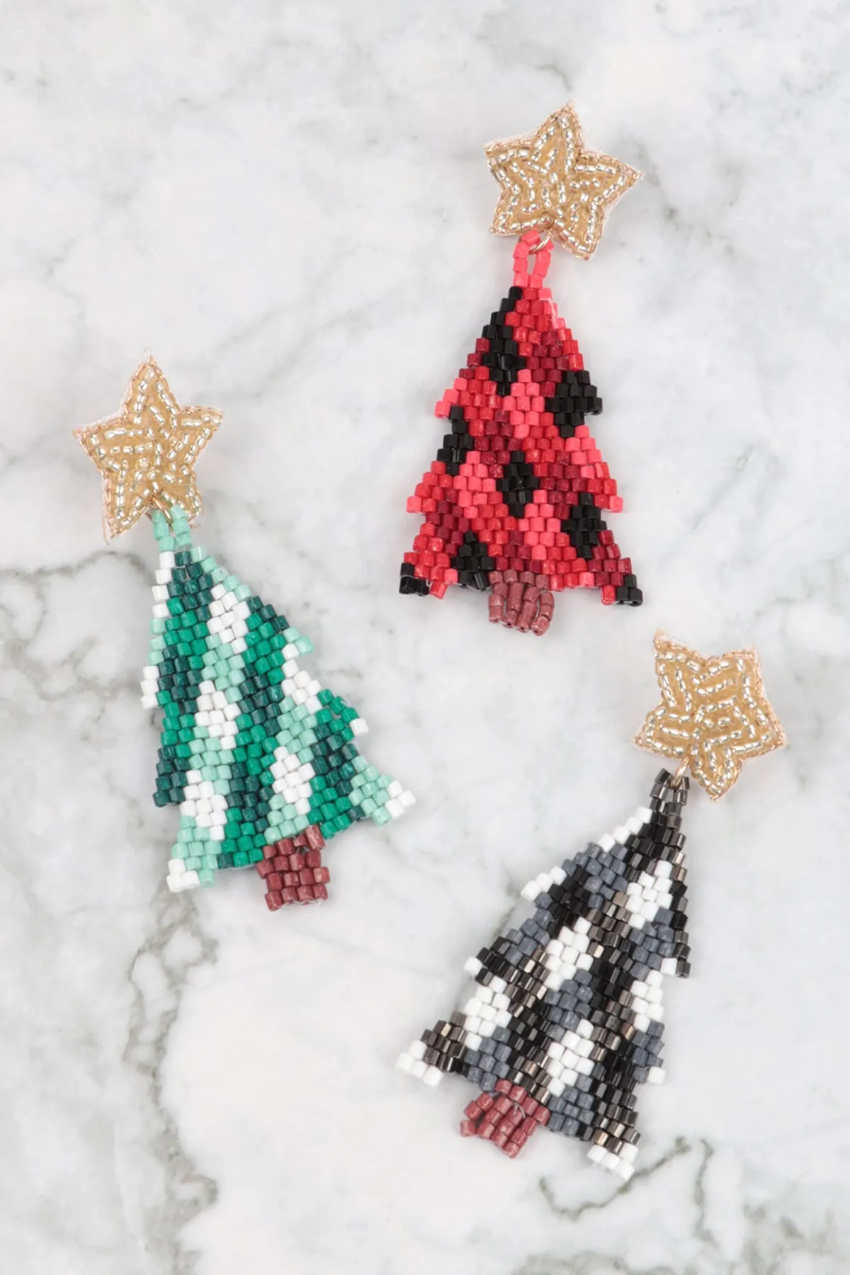 Christmas Tree with Star Seed Bead Drop Earrings