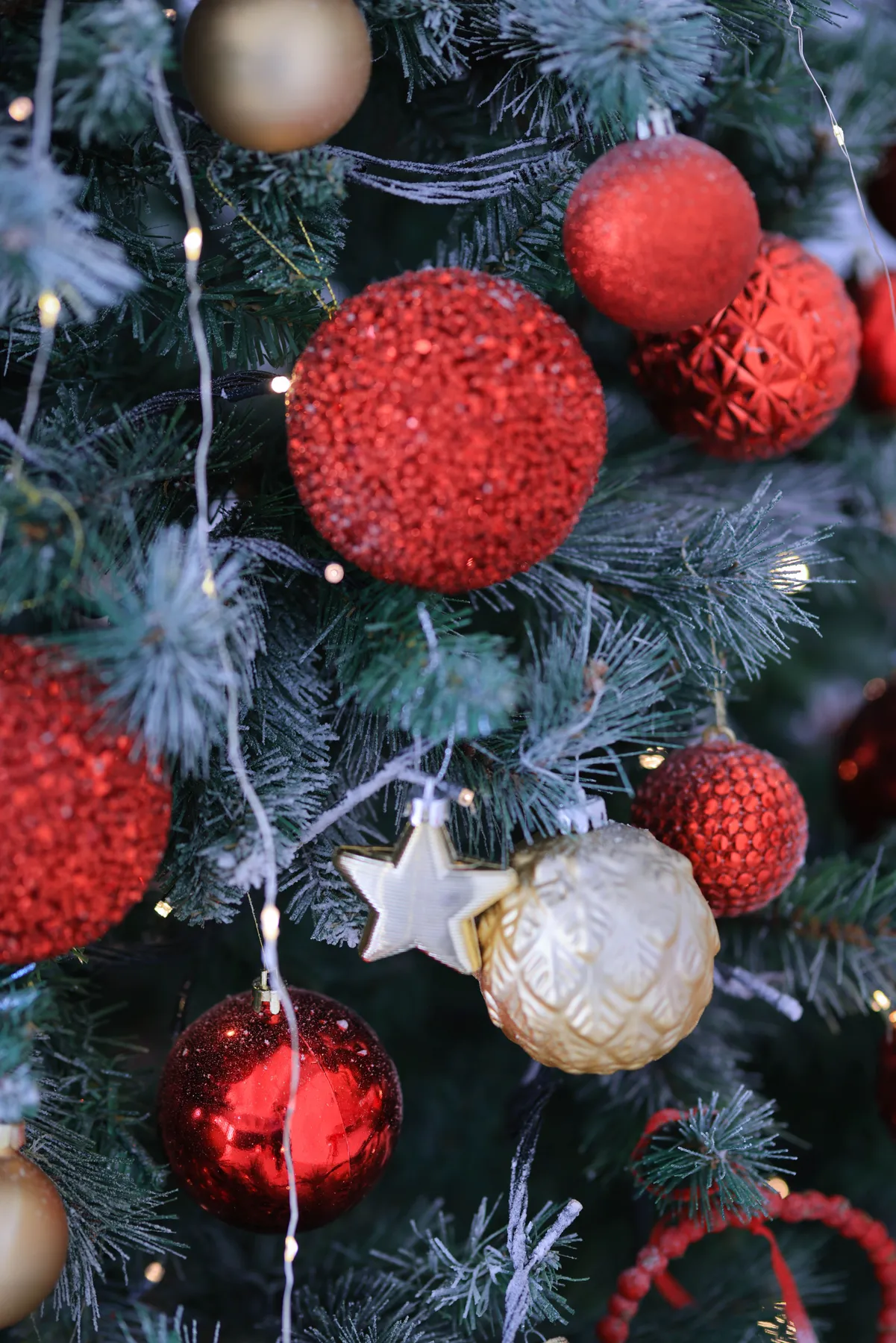 Close-up of a beautifully decorated Christmas tree with red and gold ornaments and twinkling lights.