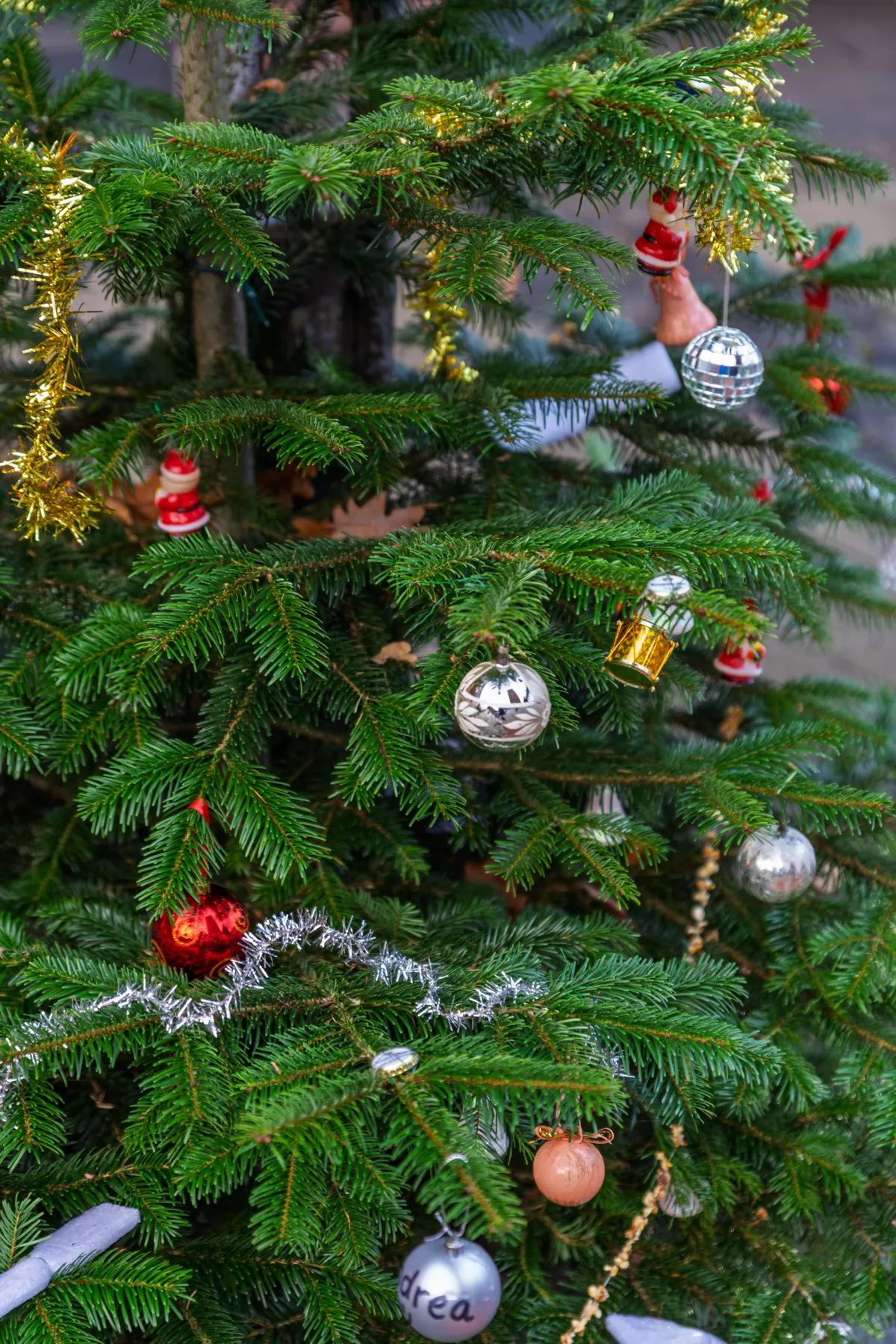 Close-up of a decorated Christmas tree with colorful ornaments and tinsel.