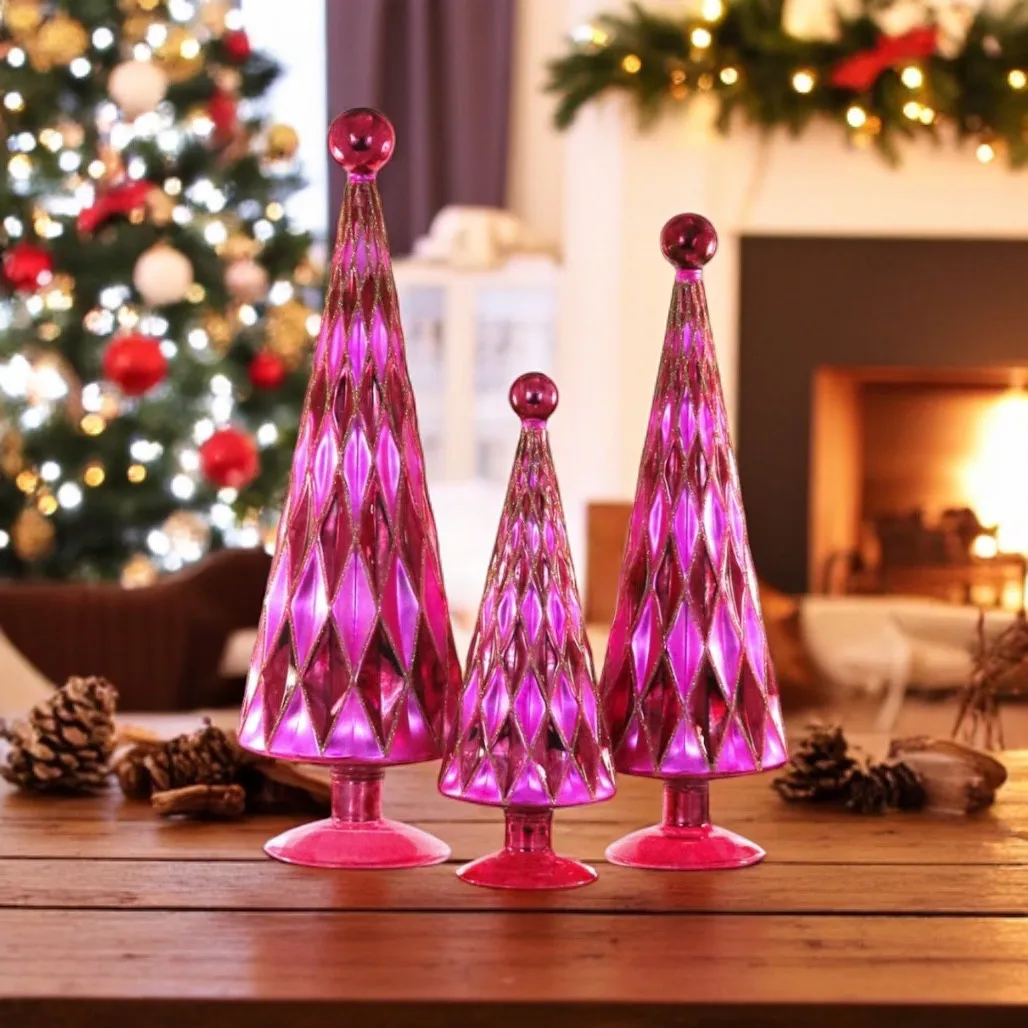 Cody Foster Mid Century Diamond Trees Burgundy Pink - Set of 3