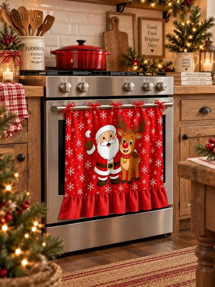 Country Style Christmas Kitchen Oven Curtain, Holiday Winter Scene Print  Oven Door Curtain, Red Ruffle Edge Christmas Oven Skirt With Tie Strings,  Farmhouse Style Holiday Kitchen Decor | SHEIN EUR