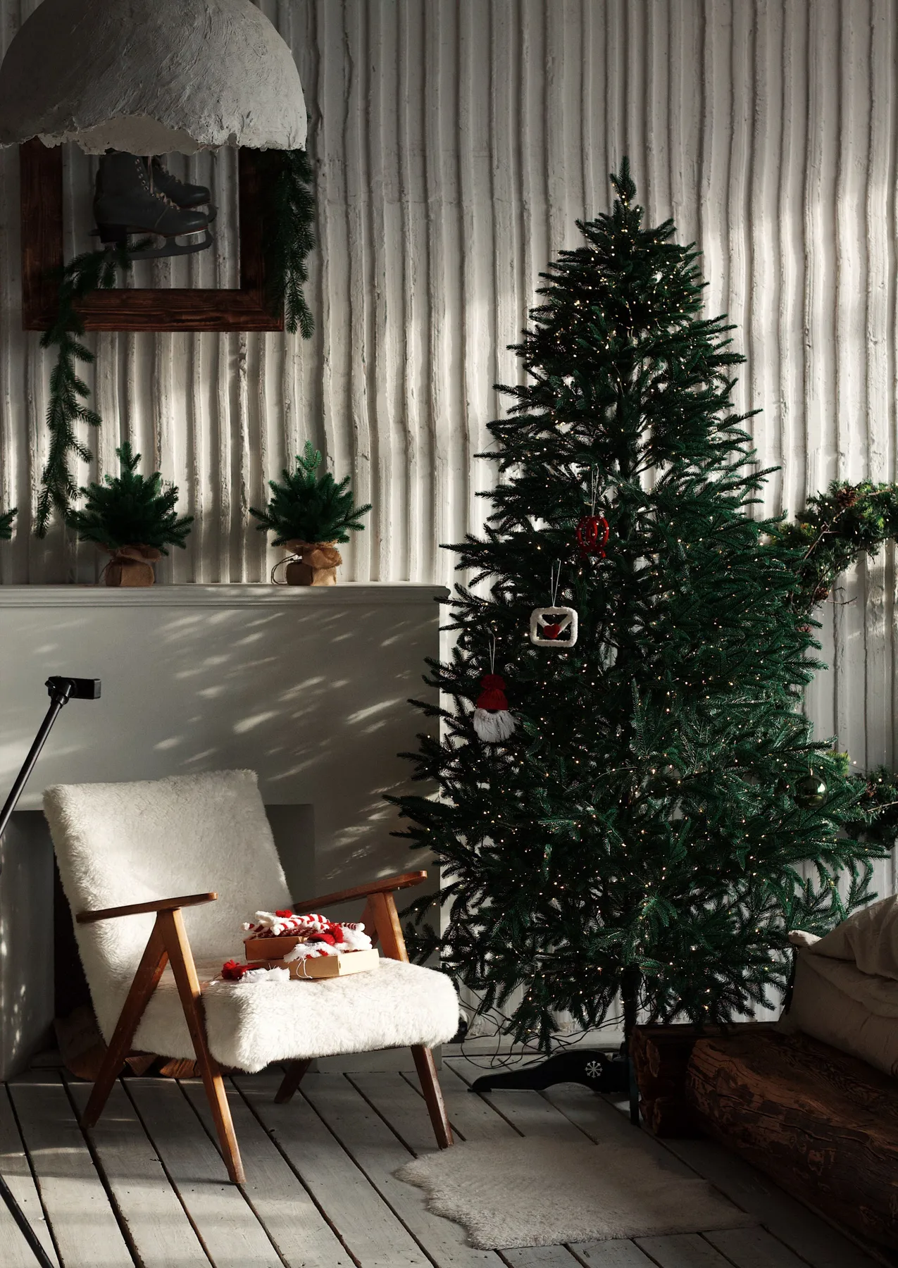 Cozy living room with Christmas tree and decor, perfect for holiday celebrations.