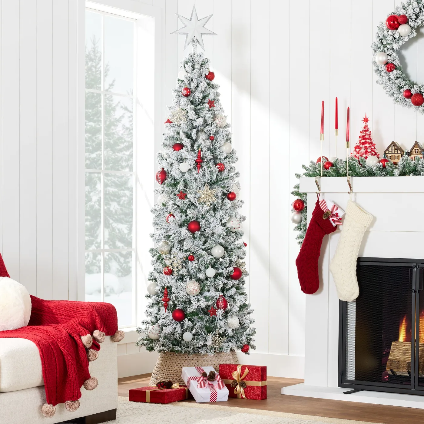 Decorated Flocked Pencil Christmas Tree Snow Flocked Artificial Pencil  Christmas Tree W/ Stand Best Choice Products