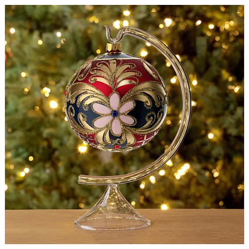 Decorated glass ball coloured in red, black and gold 100 mm