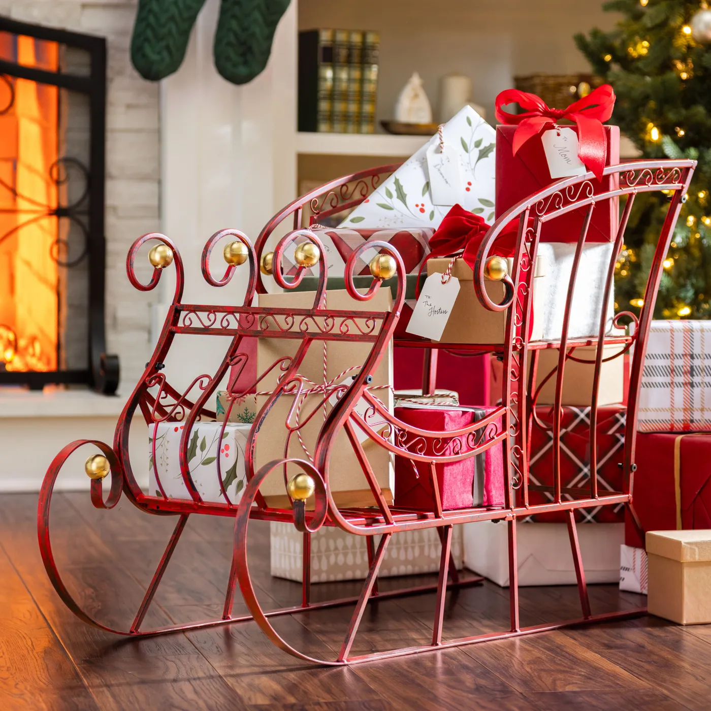 Decorative Christmas Sleigh Long Opulent Metal Christmas Sleigh Commercial  Holiday Display, Indoor/outdoor, Glossy Red Gold