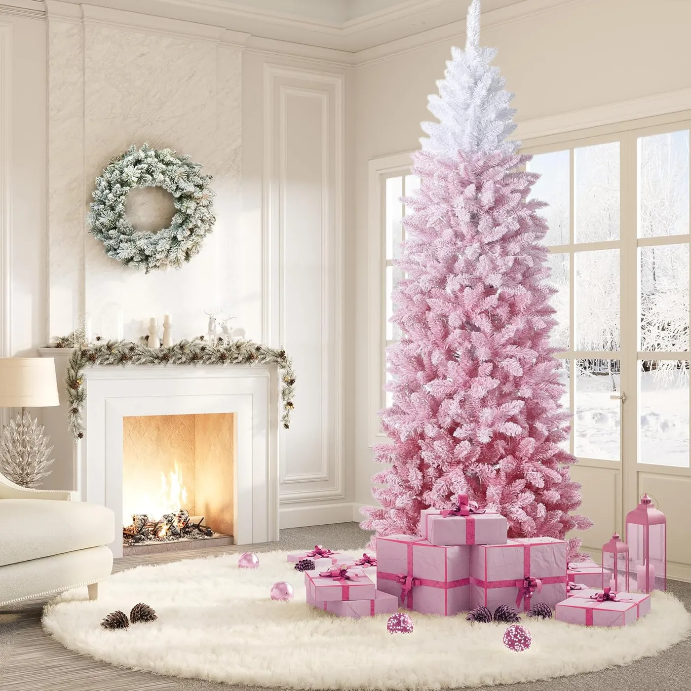 Der Rose 6Ft Snow Flocked Pencil Christmas Tree with Sturdy Metal Stand for Home Office Pink Gradient in the Artificial Christmas Trees department at Lowes.com
