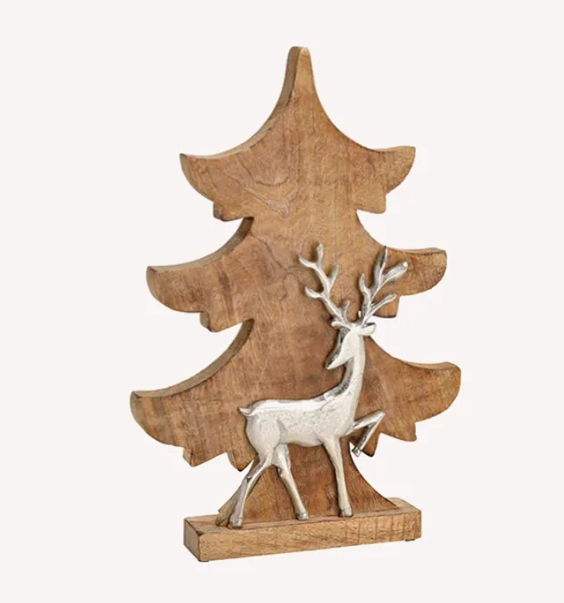 Display fir tree with metal deer decor, made of mango wood brown ,  handmade, high-quality material, attractive piece, reliable and durable. ||  Rural Handmade-Redefine Supply to Build Sustainable Bra