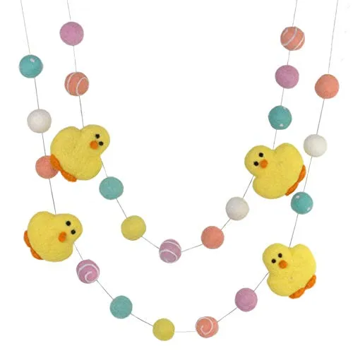 Easter Decor- Felted Wool Chick & Pom Pom Garland | Matthew + Mae 10 ft (35 balls + 6 chicks)