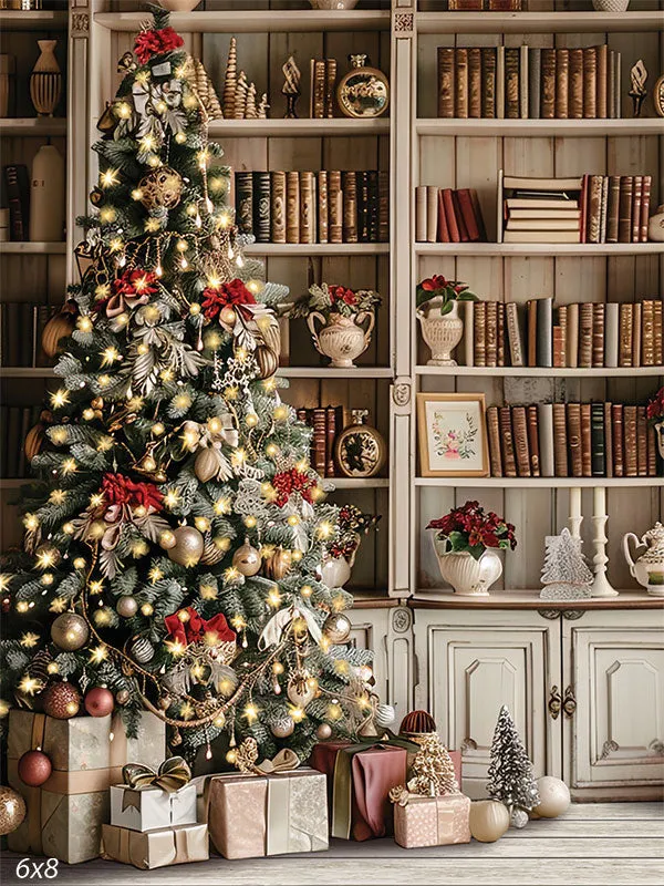 Elegant Christmas Tree Library Backdrop for Holiday Photography
