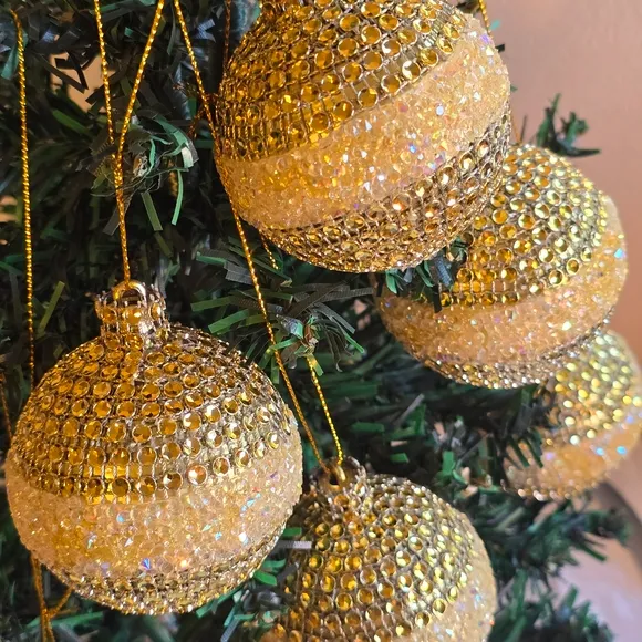 Elegant Gold Beaded Holiday Ornaments 6 New Pieces 2.6 Inch Handmade
