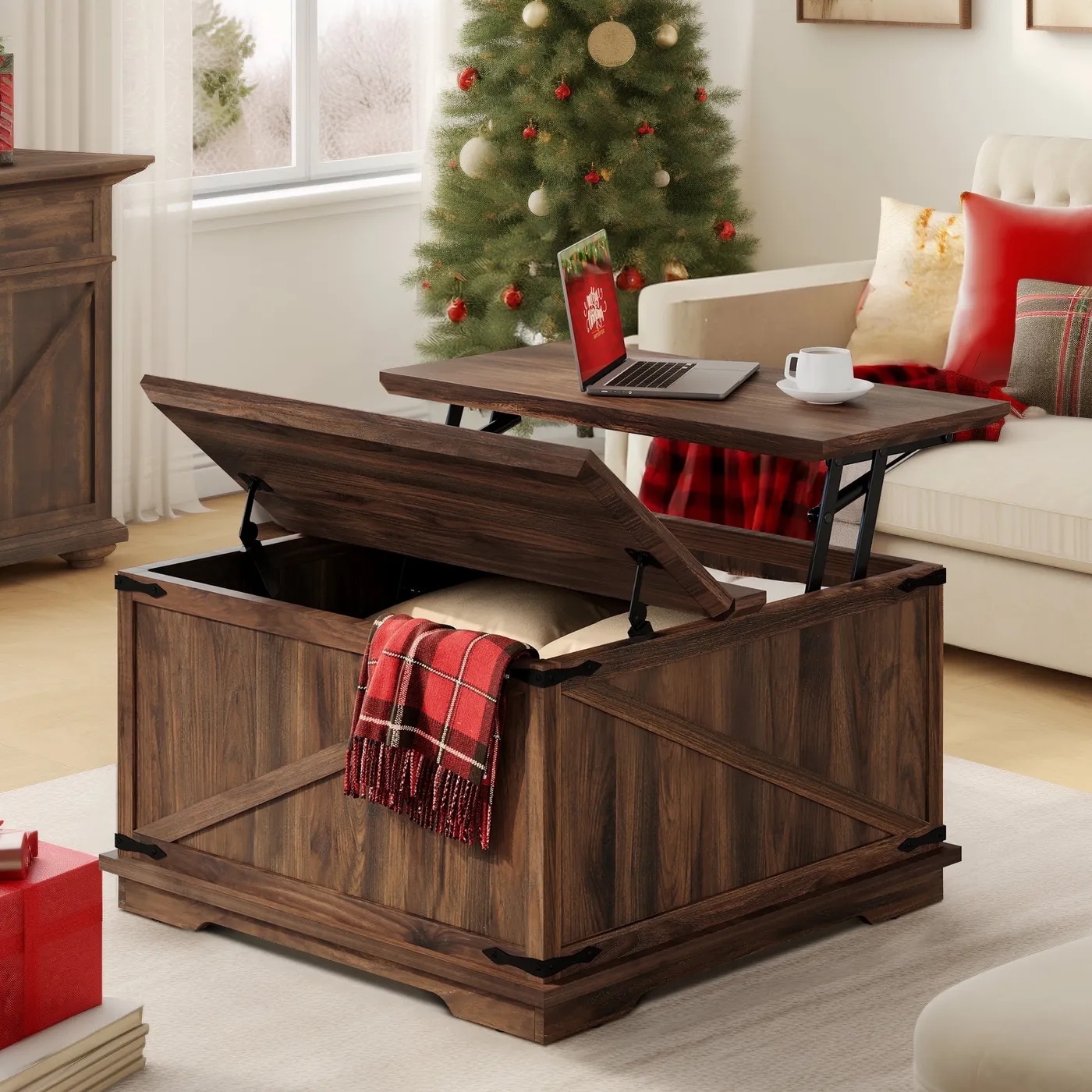 Farmhouse Tray Top Coffee Table Rustic Cottage Wood With Storage Shelf
