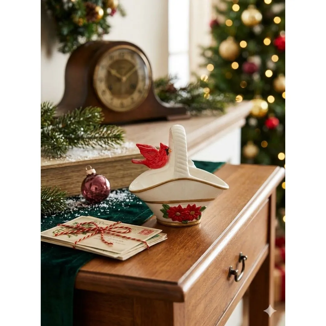 Festive Ceramic Basket Candle Holder Christmas Cardinal Poinsettia Home Decor