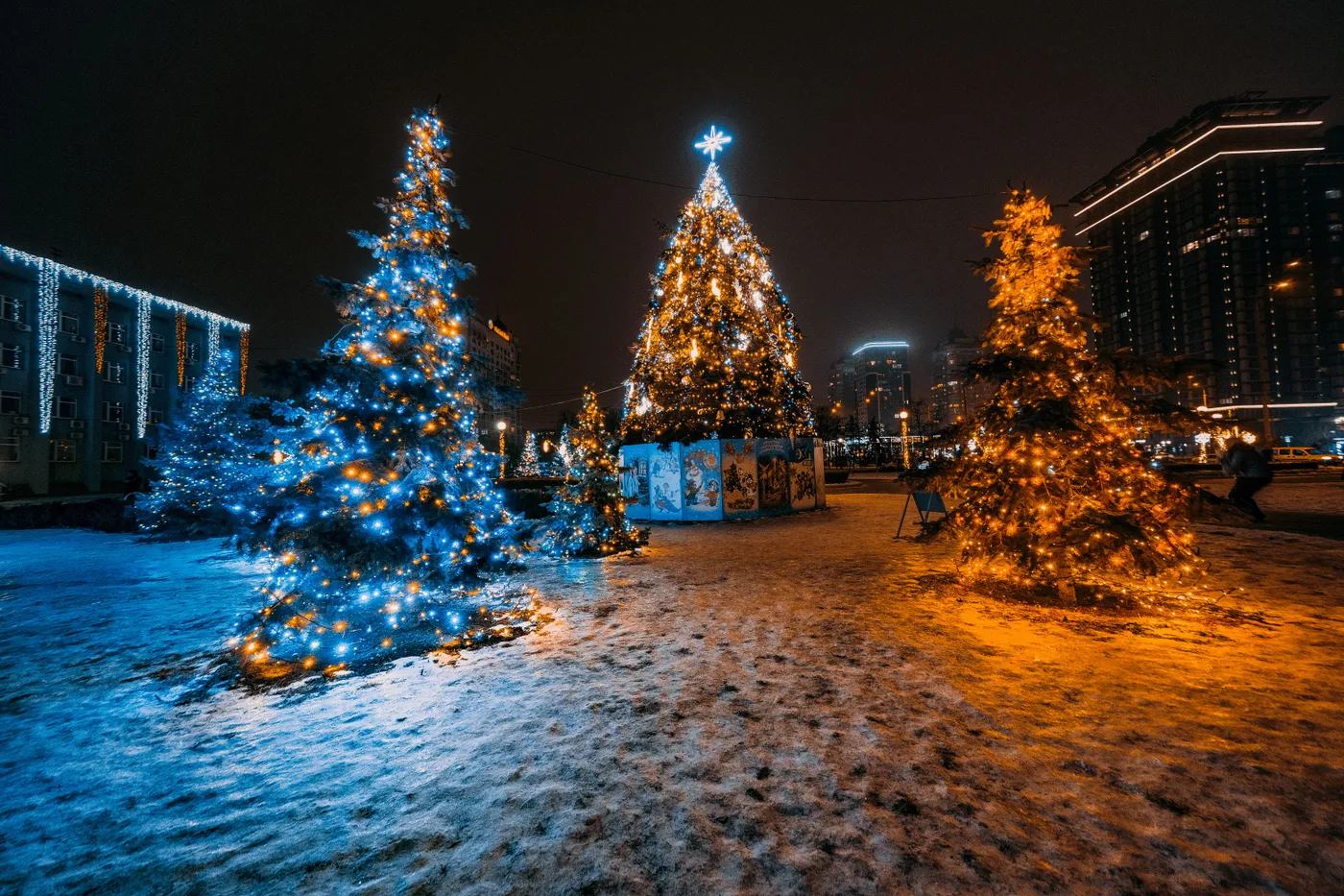 Festive Christmas tree lights in a snowy cityscape at night.