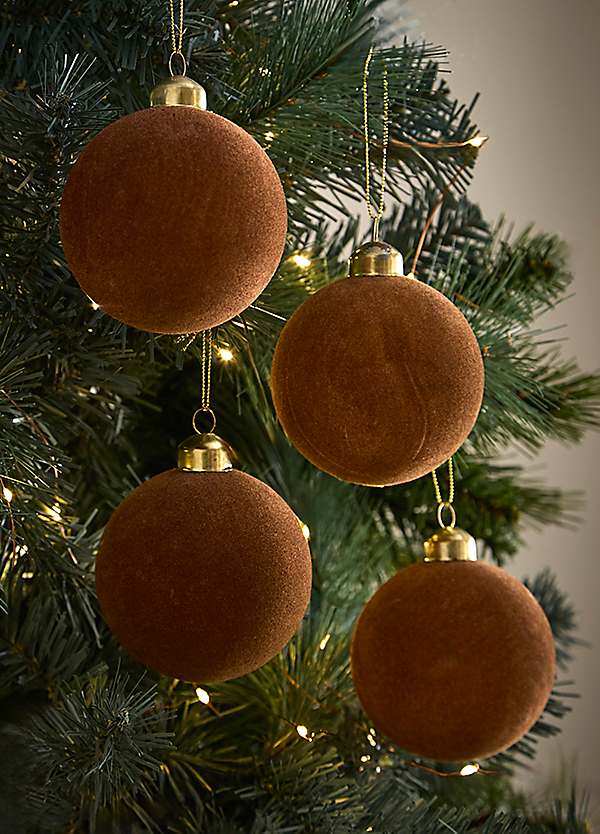 Festive Set of 4 Brown Flocked Baubles | Grattan