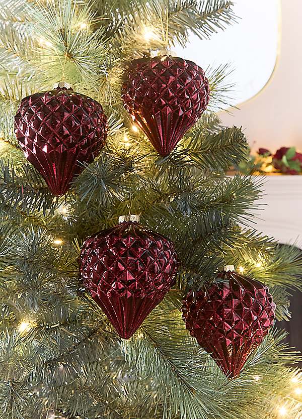 Festive Set of 4 Burgundy Glitter Onion Shaped Baubles