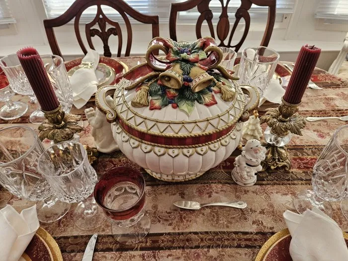 Fitz & Floyd Christmas soup tureen tablescape | VFCstyle Fitz & Floyd Snowy  Woods Centerpiece Casserole