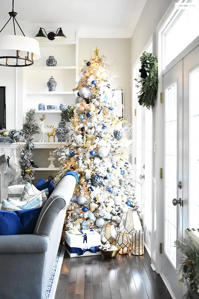 Flocked Christmas Tree Decor: Blue, Silver + Gold - CitrineLiving