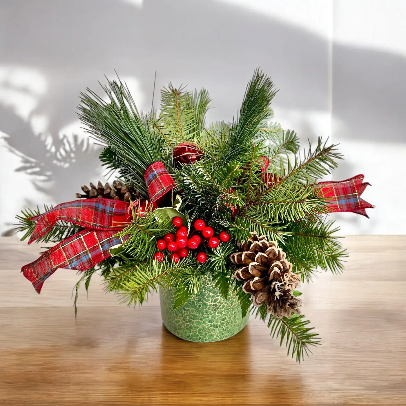 Frosted Fruit - Sugared Apple, Pears, Crated Berries with Berry and Pine Holiday Flocked Christmas Centerpiece