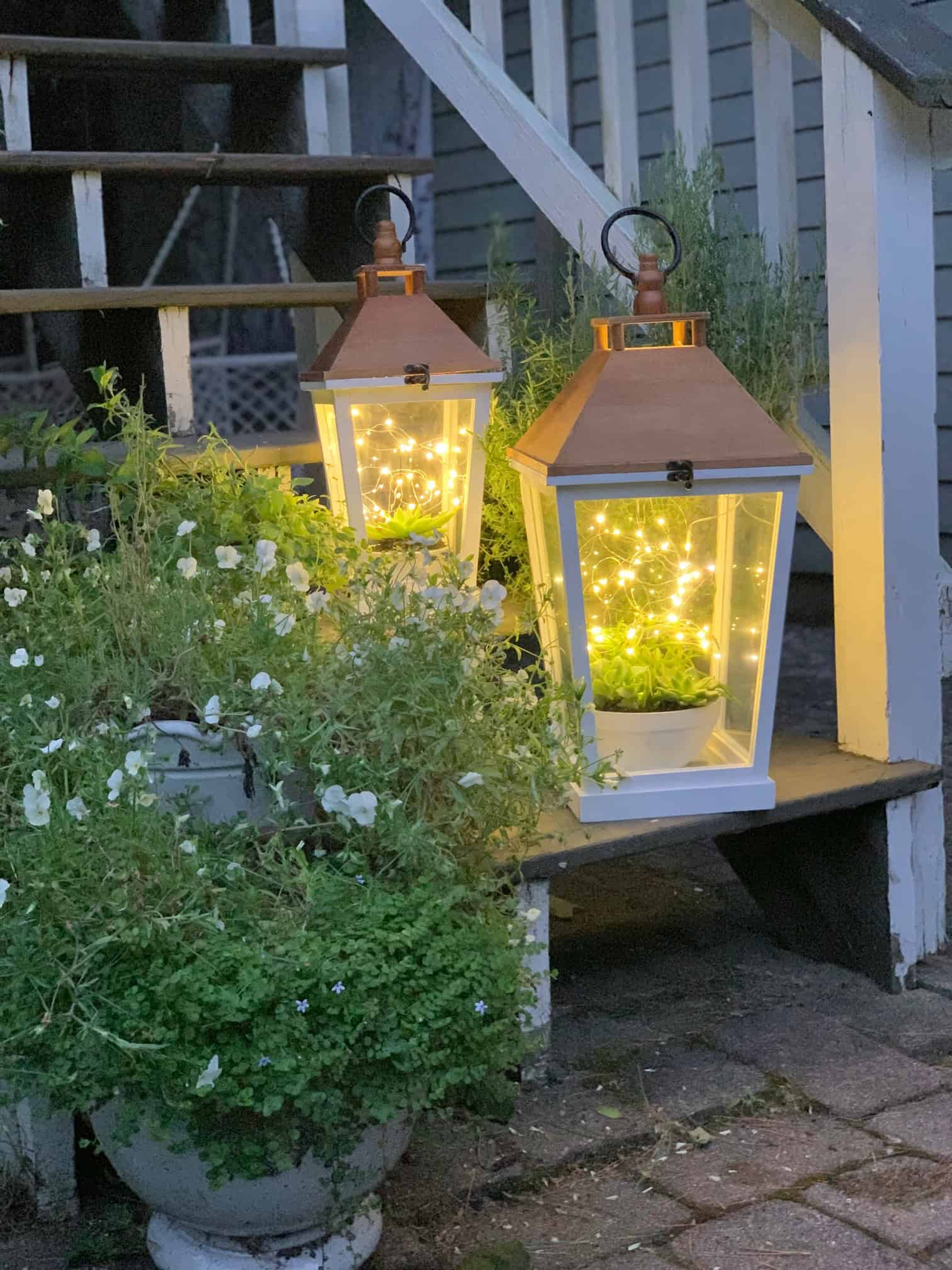 Garden Lantern Idea with Succulents and Twinkle Lights - Celebrated Nest