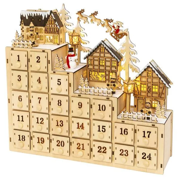 Gerson 14.9 in. Battery Operated Illuminated Wood Village Scene Advent Calendar - 2537640EC | Blain's Farm & Fleet