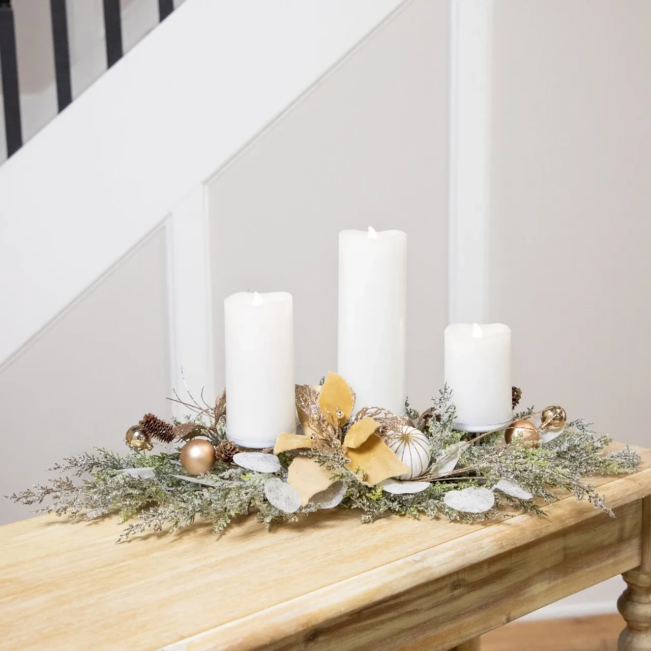 Glittered Poinsettia and Ornaments Christmas Pillar Candle Holder - 24'