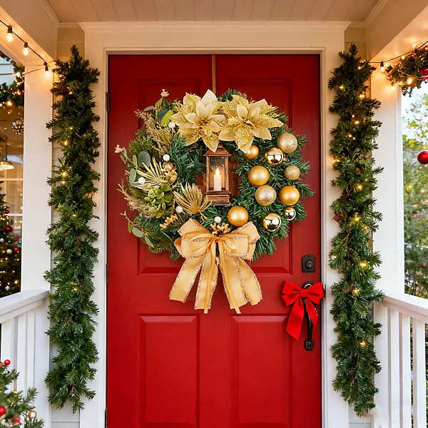 Gold Christmas garland with a lighted candle and decorative ribbon, for an entryway, living room, or