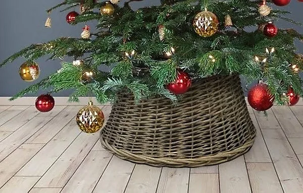 Grey Natural Wicker Christmas Tree Skirt Woven Wicker Tree Ring Cover 53cm