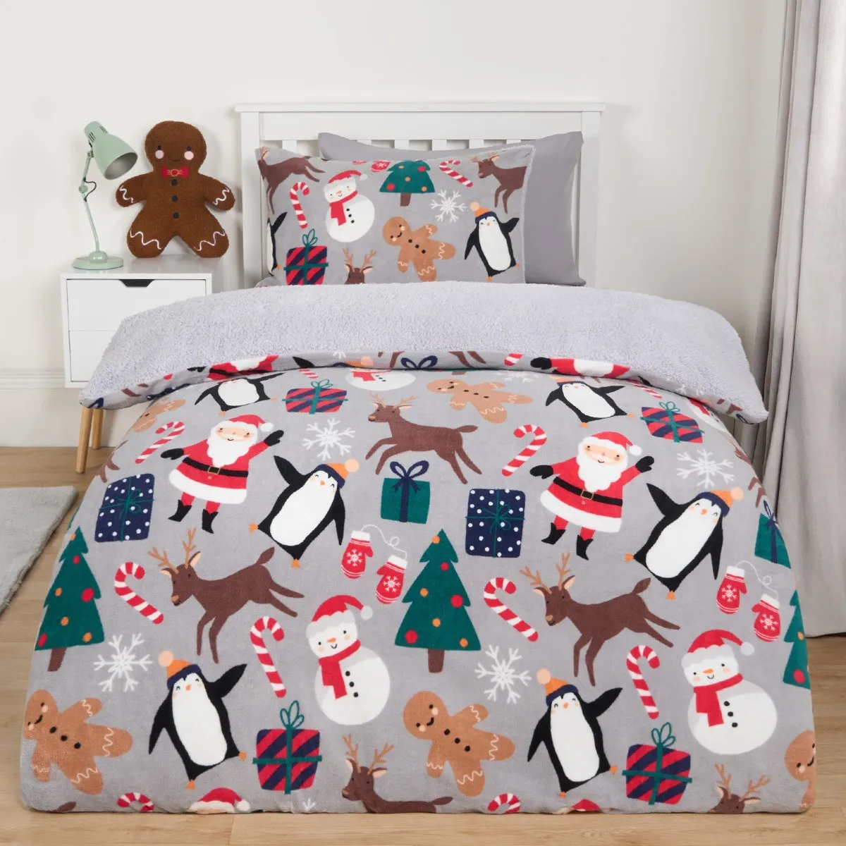 Grey Single OHS Christmas Friends Fleece Duvet Set OHS