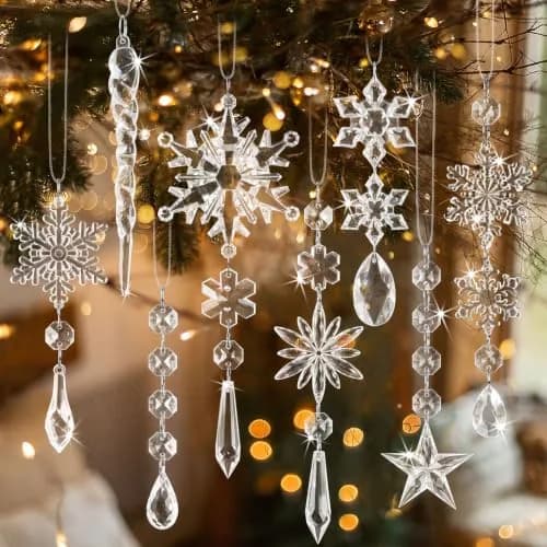 GuassLee Champagne Crystal Ornaments 20 pcs | Snowflake Icicle Drop Finials for Christmas Tree Decor