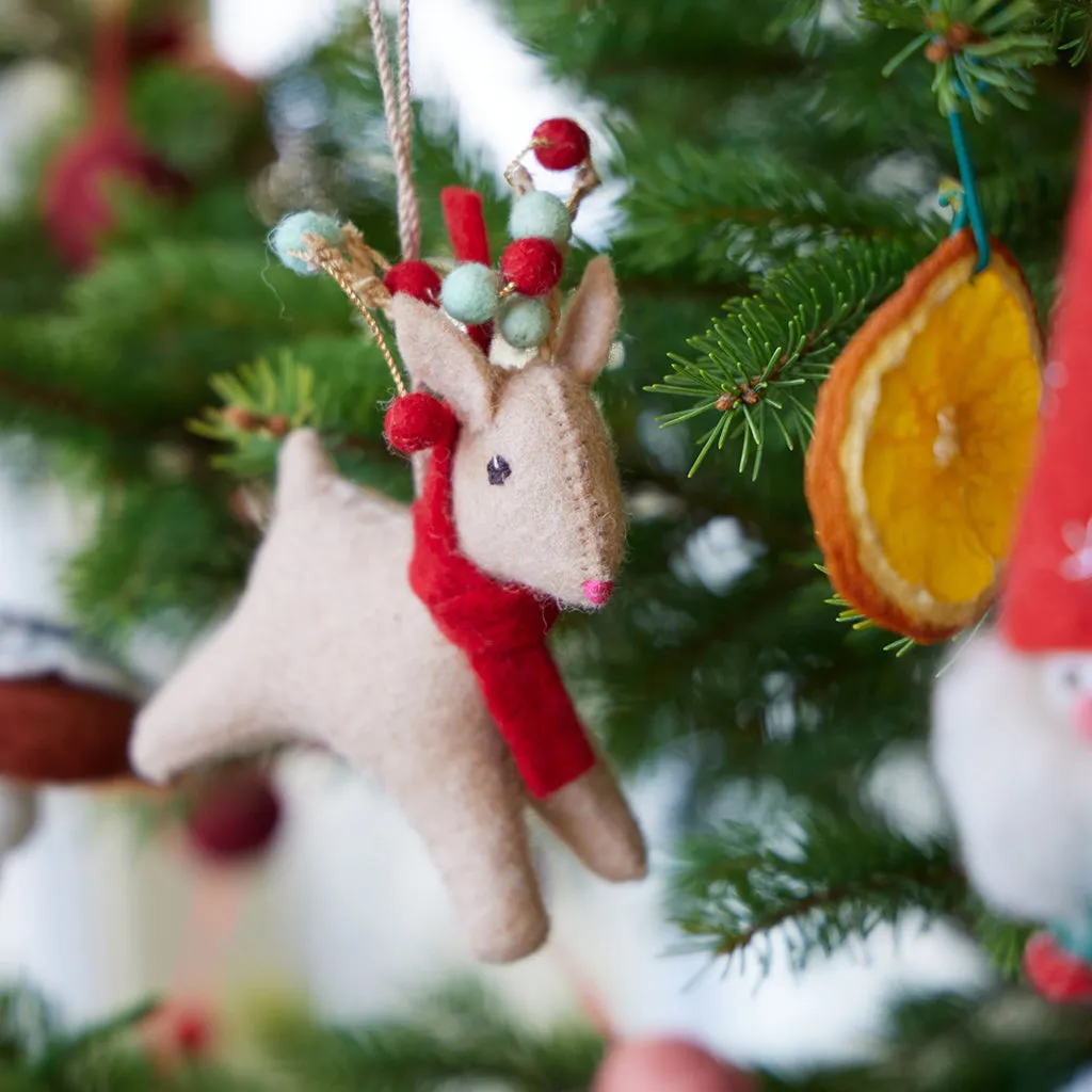 Hand Felted Red and Green Ball Garland Beige Fawn Ornament