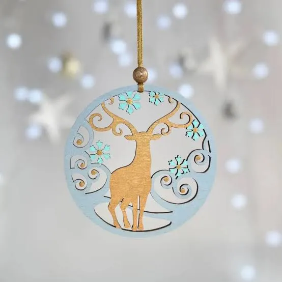 Hand-Painted Wooden Christmas Ornament with Gold Deer – Ice Blue and Turquoise Details