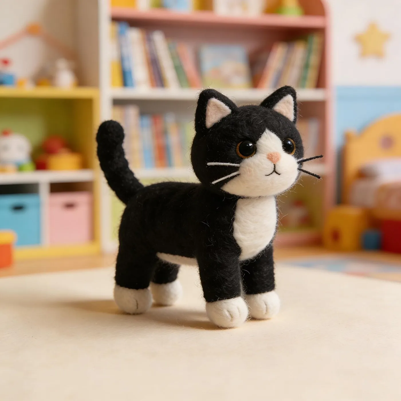 Handmade Felt Black & White Cat Toy – 4 Inch Cute Wool Cat Figurine fo – Indian Felt Ornaments