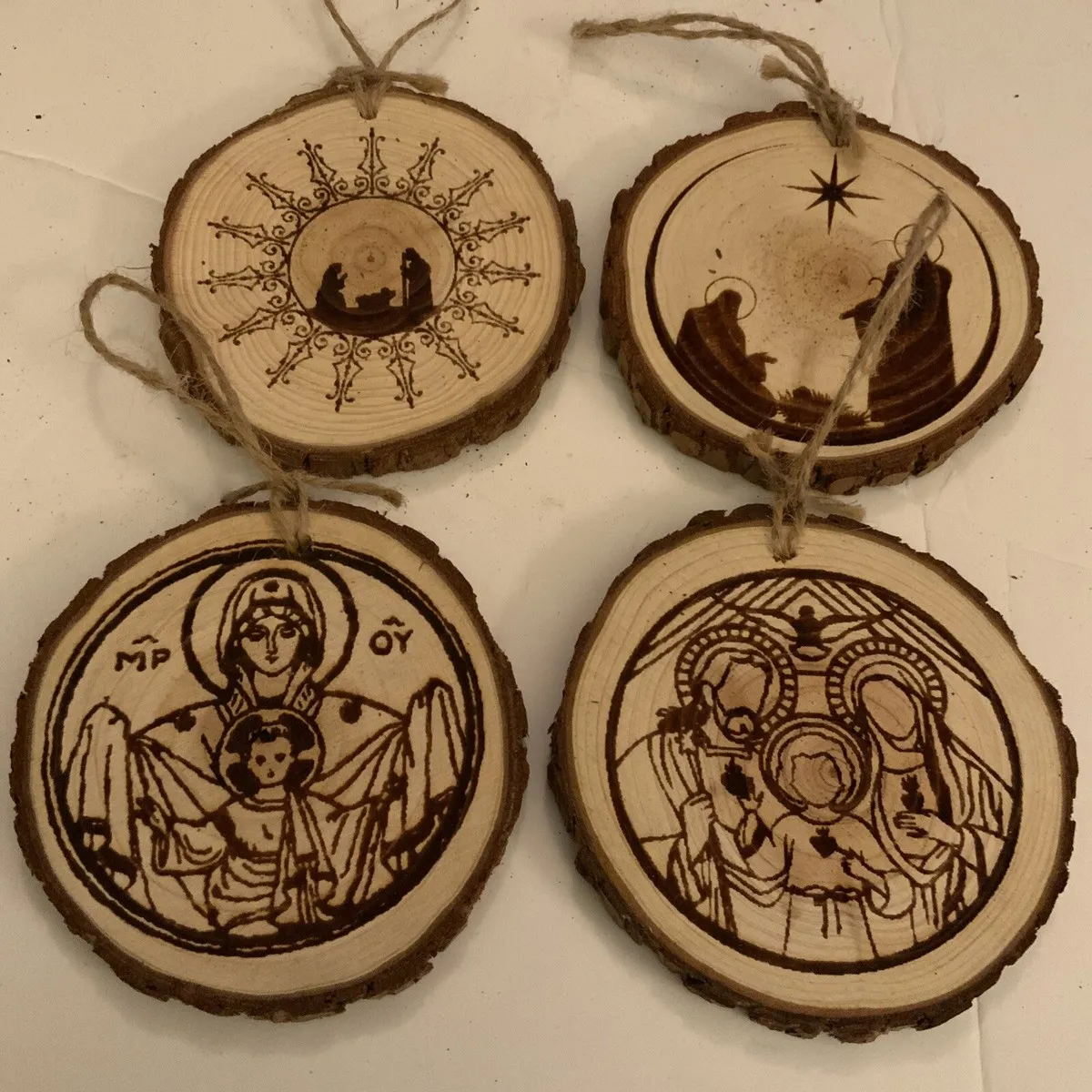 Handmade Wood Ornaments Set Of Four Rustic Wood Slice Christmas Ornament  Handmade Engraved Christian Art