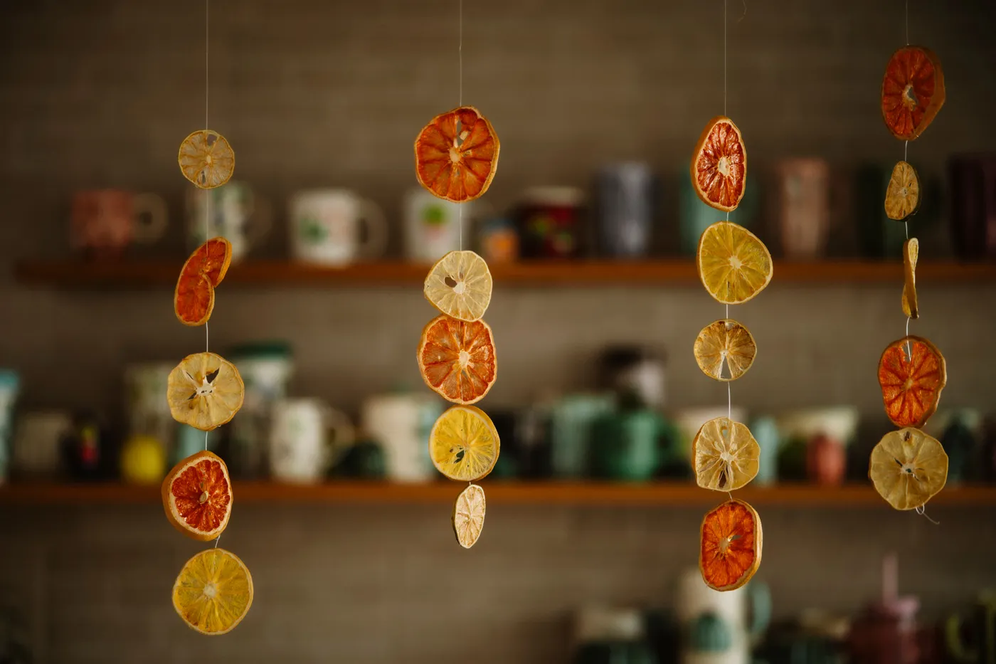 Hanging dried citrus fruits in a café setting create a vibrant and cozy atmosphere.