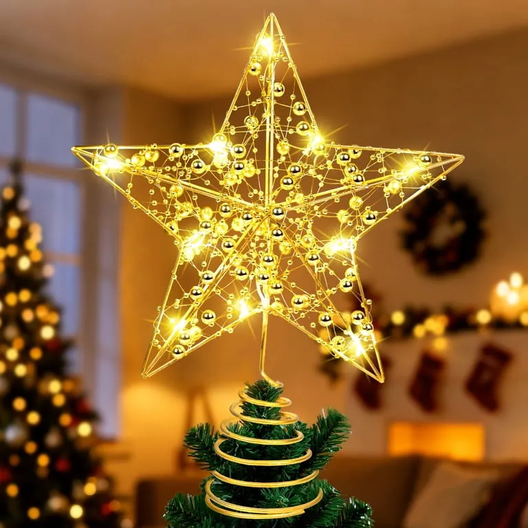 Holiday Decorations Christmas Tree Topper Lighted Qoosea Christmas Tree  Topper Star, 10' Gold Glitter Sparkle Golden Bead Metal Hollow 20 LED  String Lights For Christmas Tree Star Topper Decor