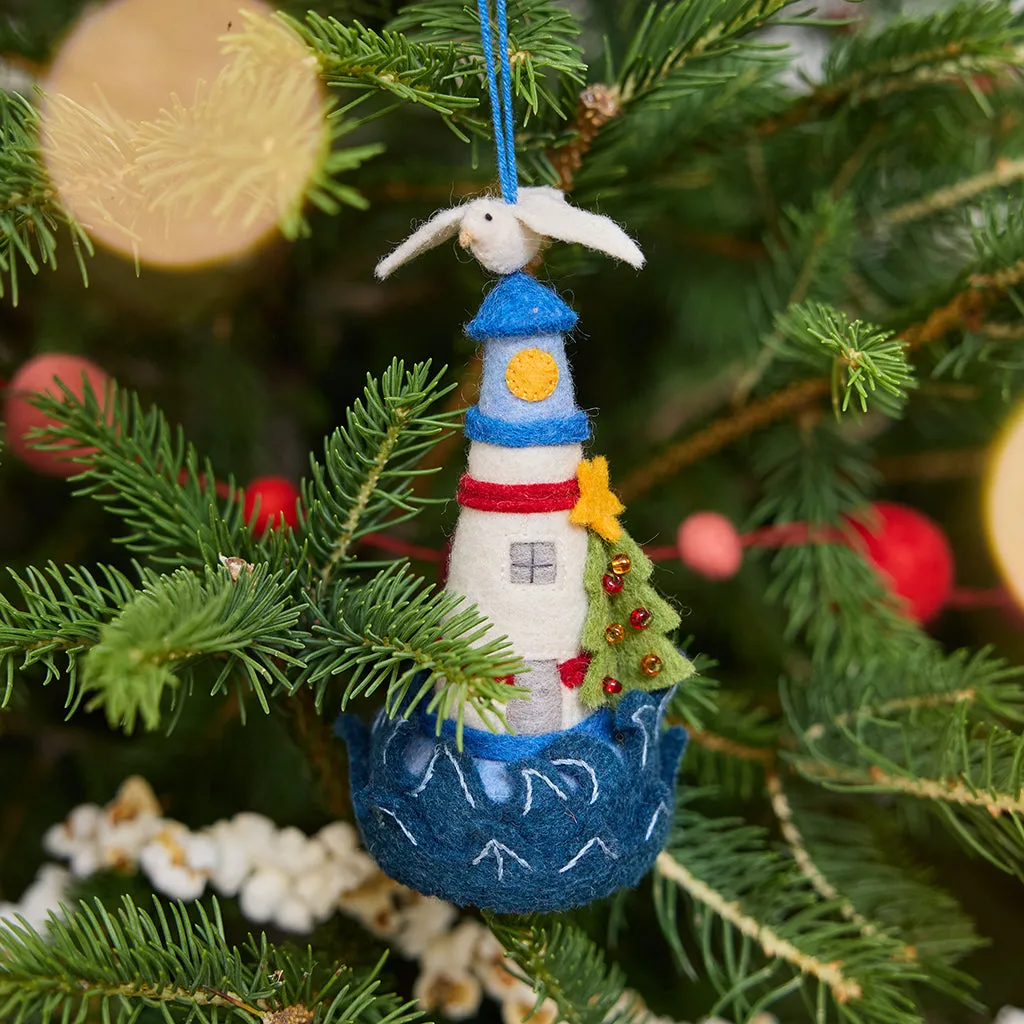 Holiday Lighthouse Ornament – Coastal Christmas Felt Décor