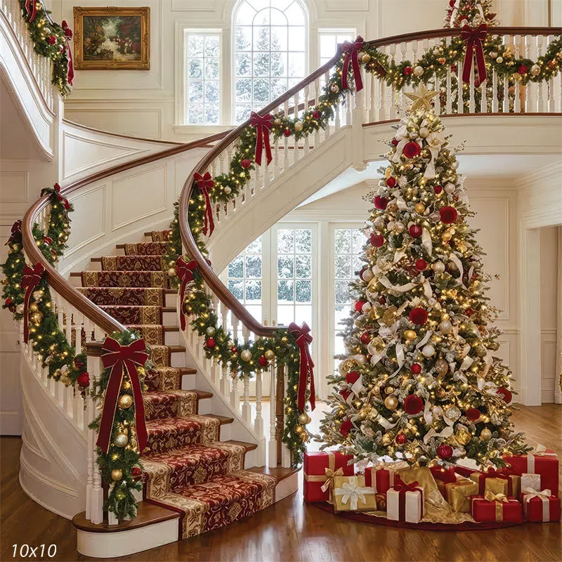 Holiday Manor - Dark Wood Staircase with Large Christmas Tree, Red Bows,  and Garland Photo Backdrop