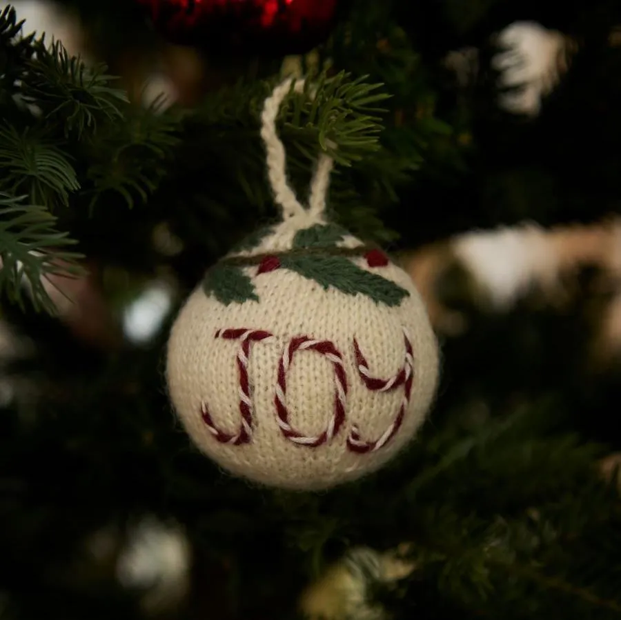 Holiday Ornaments | White | Bauble Ornament Joy And Pine Branch - Cream White | Age Ones Christmas | Shirley Bredal