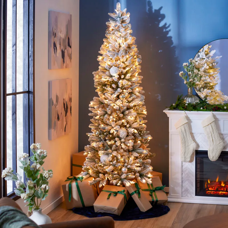 Home Heritage 7 Foot Slim Pine Prelit Flocked Artificial Christmas Tree