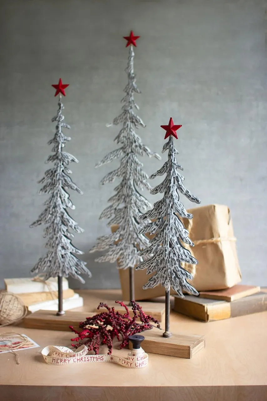 Kalalou Set Of Three Metal Christmas Trees On Wooden Bases CMN1464