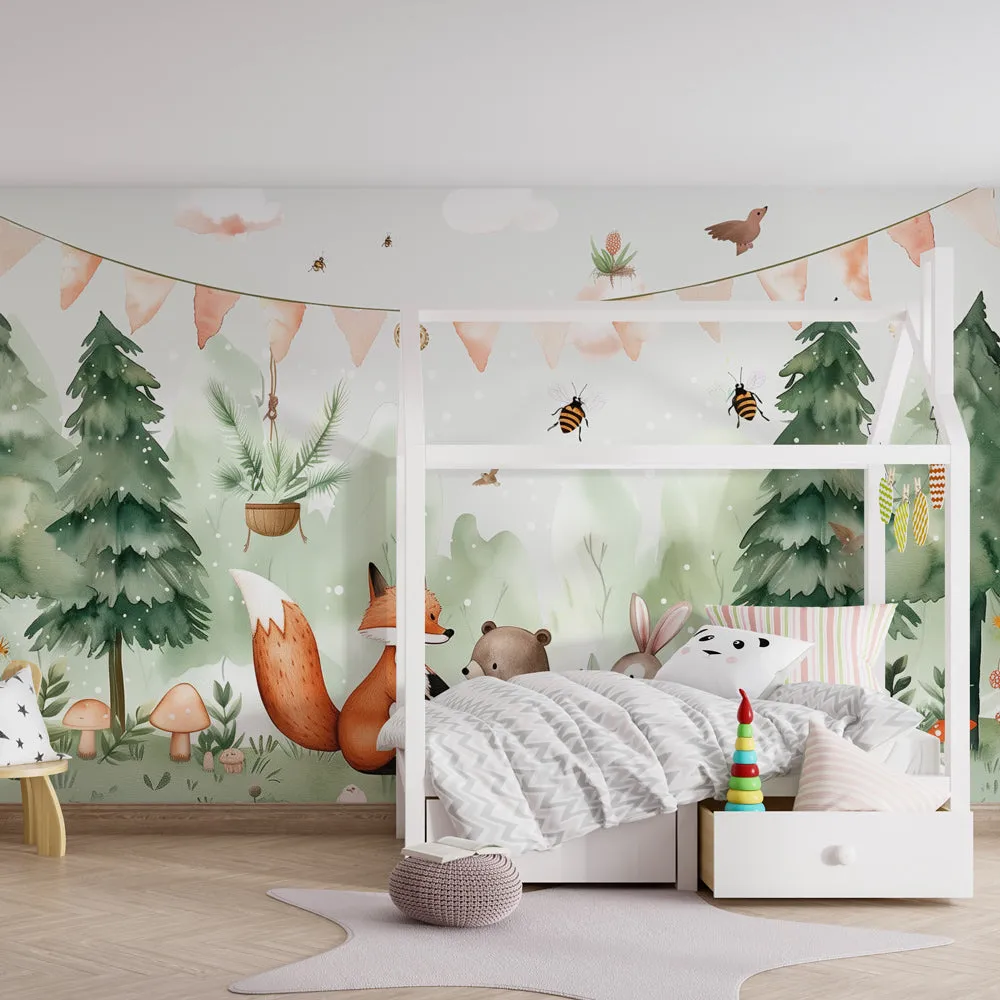 Kids room wallpaper | Enchanted forest with animals and festive garlan — Kids Wall