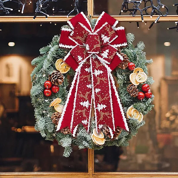 Large Christmas Bows for Wreath Red Velvet Glitter Wreath New Year Burlap Ornament for Christmas Indoor