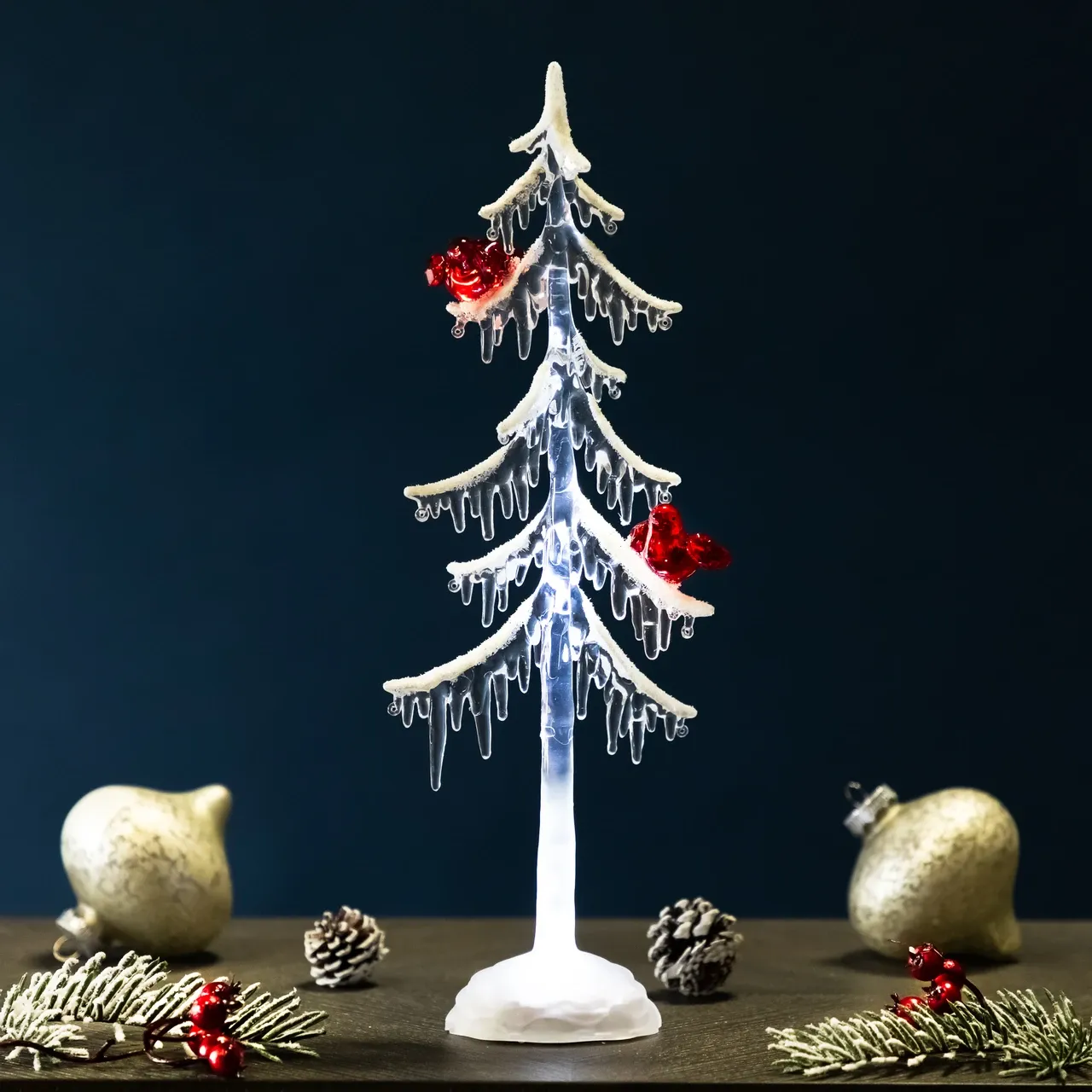LED Lighted Acrylic Icicle Tree with Cardinals Christmas Decoration - 14'