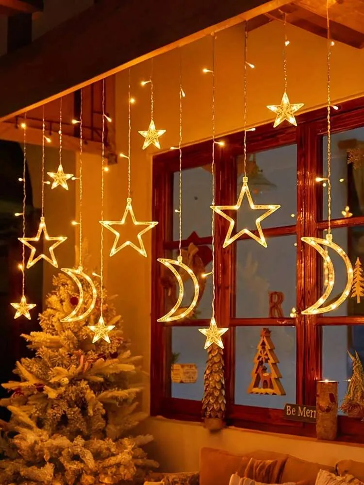 LED Star & Moon Curtain String Lights, Outdoor Tent String Lights, Warm White Battery Powered Twinkling Fairy Lights For Camping, Bohemian Sparkling Bright Window LED String Lights, Crescent Moon &