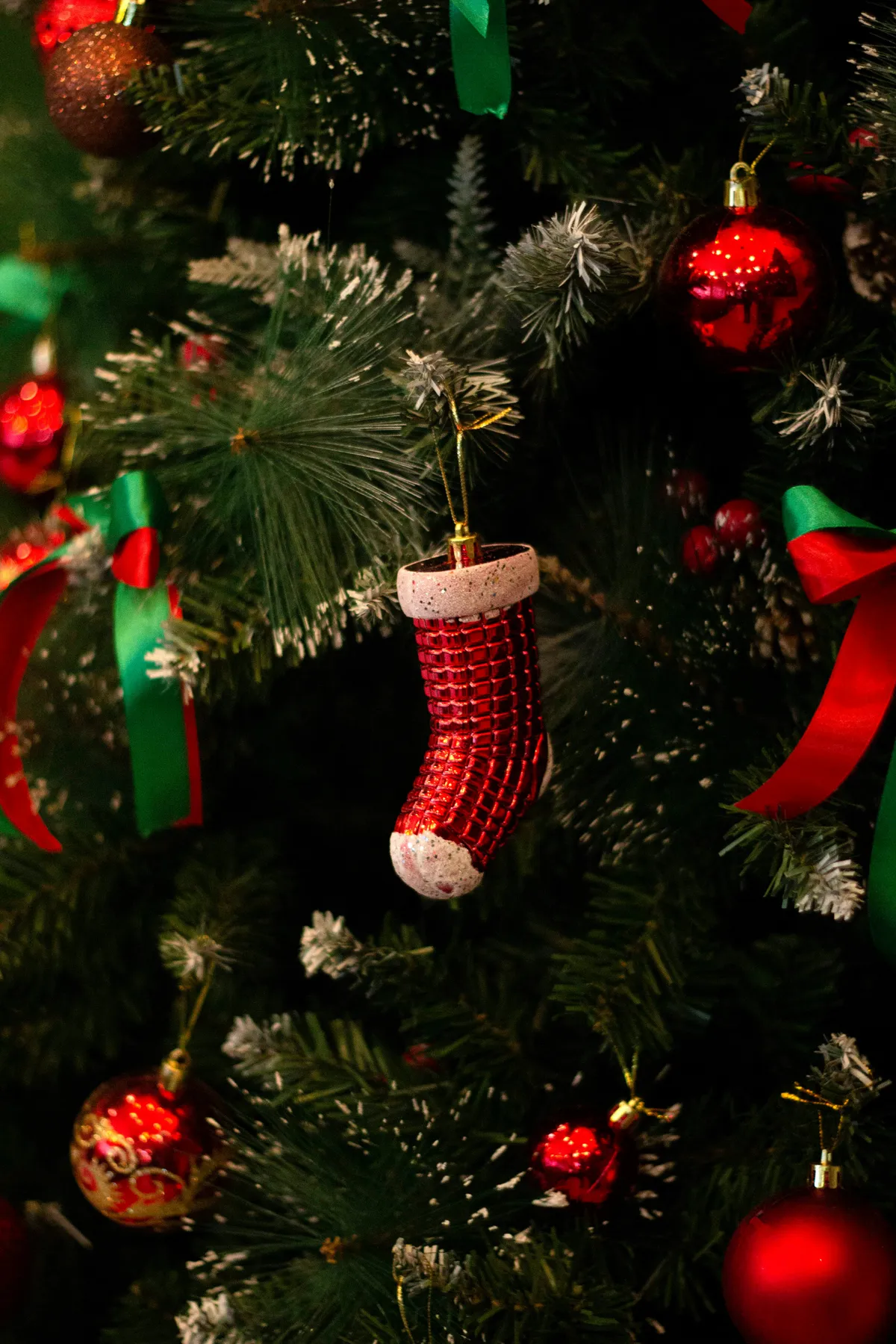 Little red boot on the christmas tree