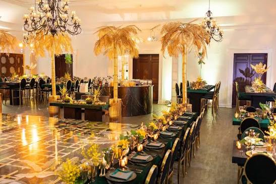Long Head Table and Custom Dance Floor, Tall Gold Trees in Reception Ballroom