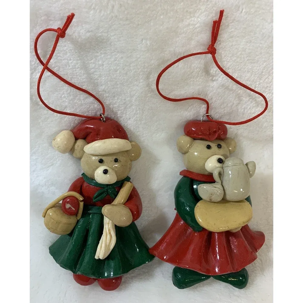 Lot Of 2 Vintage Glazed Salt Dough Type Christmas Bear Festive Holiday Ornaments utrci.com