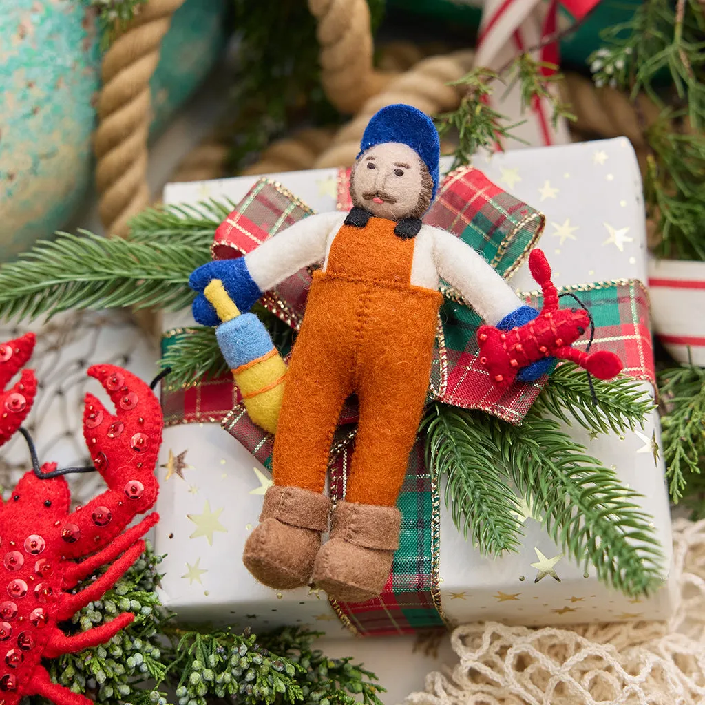 Maine Lobsterman Ornament – Handmade Coastal Felt Décor