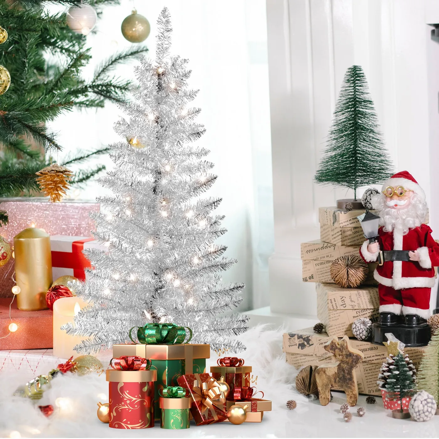 Makeatree Silver Tinsel Tree 4ft - Artificial Christmas Tree with Light Set  – MAKEATREE